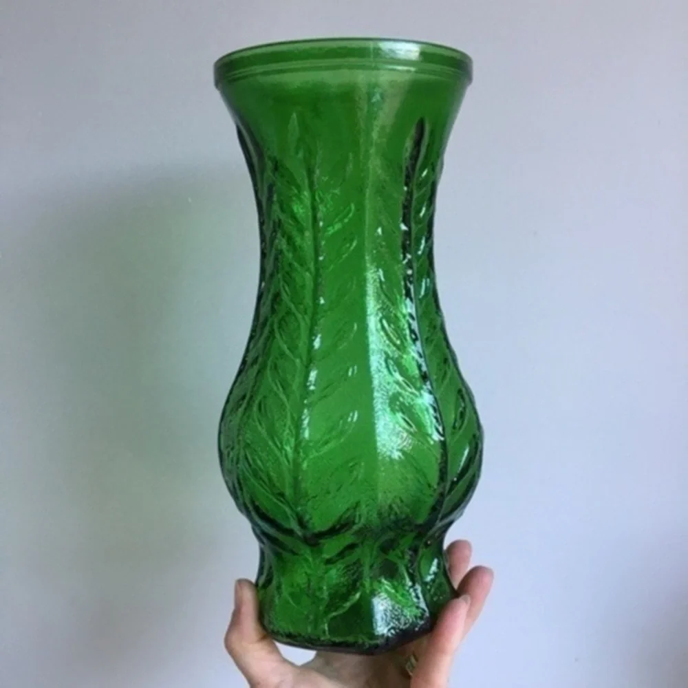 Vtg. FTD 1970s Leaf Pattern Green 10” Glass Vase